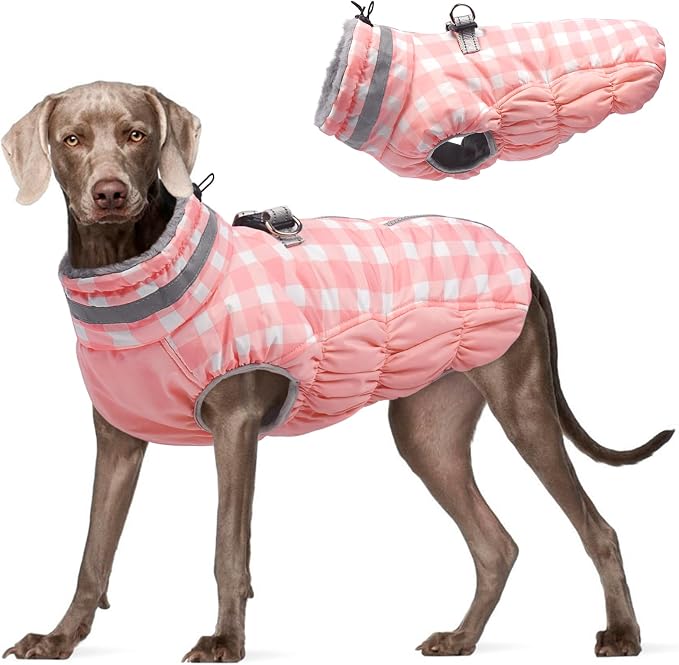 FUAMEY Dog Winter Coat Fleece Warm Large Dog Coat with Harness Built in | Dogs Cold Weather Fleece Coats Zip up Reflective Dog Winter Vest Windproof Water Resistant Snow Coats Pink Plaid XXL