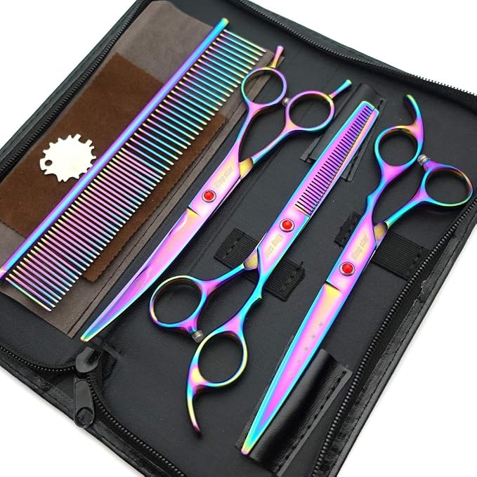 7.0in Titanium Professional Pet Grooming Scissors Set,Straight & Thinning & Curved Scissors 3pcs Set for Dog Grooming,A349 (Rainbow)
