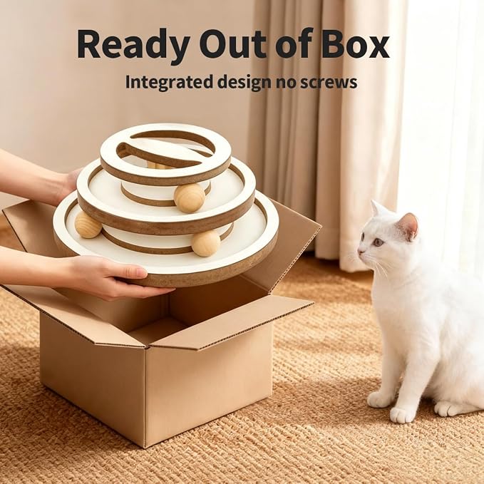 Lulu's world Cat Ball Track Toy with Puzzle Top,Heavy Wooden Kitty Toys | Interactive spinning balls,no installation required,mental physical exercise,not collapse,for indoor,play home enrichment