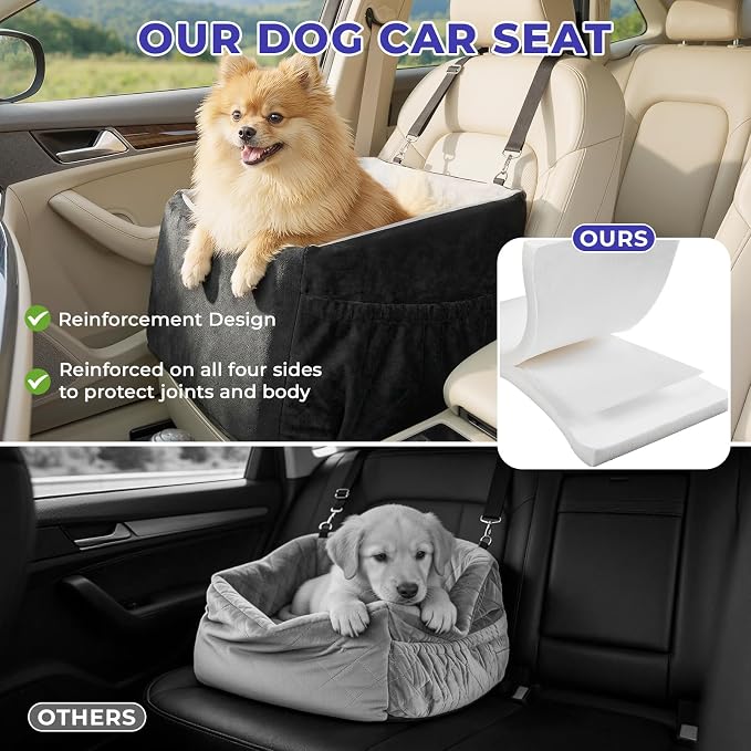 BurgeonNest Small Dog Car Booster Seat Bed Under 25 lbs (Black Grey) | Fully detachable & washable travel bed with side storage pockets and clip-on safety leash for cozy, portable car trips.