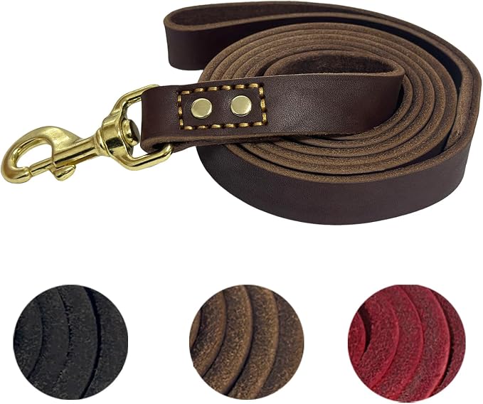 Heavy Duty Leather Dog Leash 6 ft x 1 inch,Strong Double Stitched Genuine Leather Pets Training Leash for Walking,Soft Handle and Durable Lead for Small Medium and Large Dogs Brown