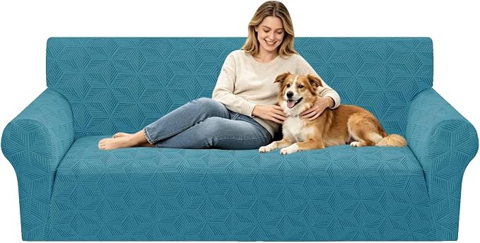 ZNSAYOTX Stretch Couch Cover, 1 Piece Sofa Covers for 3 Cushion Couch, Jacquard Sofa Slipcovers with Elastic Bottom Thickened Furniture Protector for Dog Cat Pet (Large, Peacock Blue)