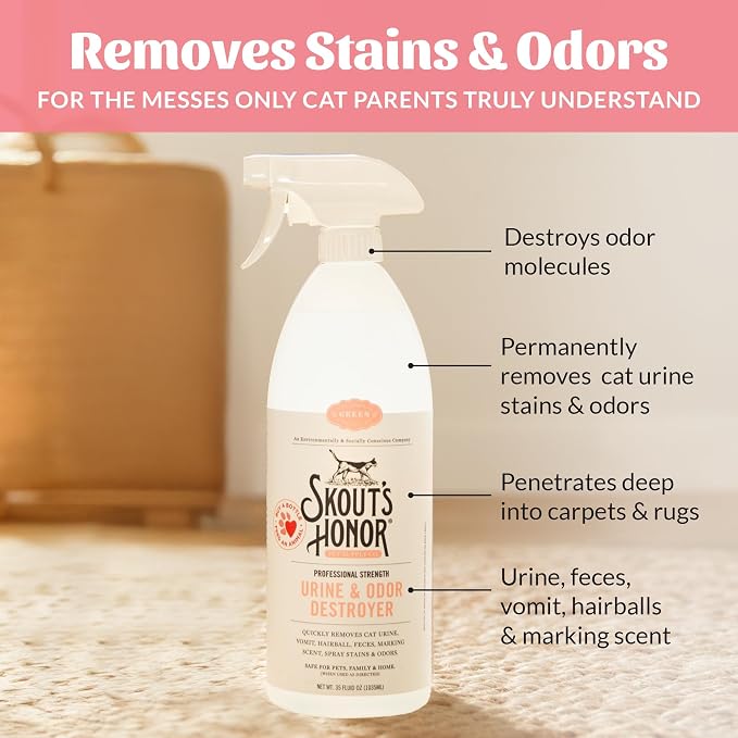 SKOUT'S HONOR Cat Urine and Odor Destroyer, 35 oz | Professional-Strength Cat Urine Odor Eliminator for Indoors, Carpets and Upholstery, Plant-Powered