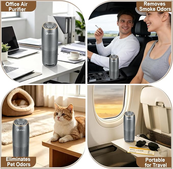 Aucleia Mini Portable Air Purifier for Car Office Travel, Cool Gray | Compact Air Purifier With Aromatherapy Function, Usb Powered Mini Usb Air Purifier Removes Pet Odor, Smoke, Dust And Pollen