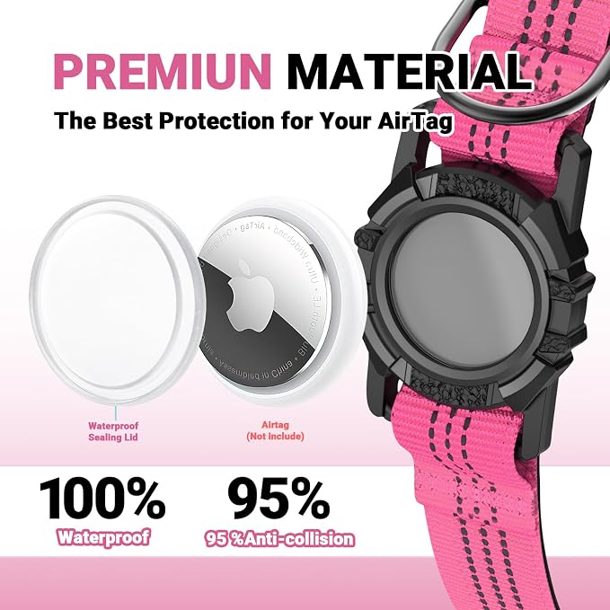 AirTag Dog Collar and Leash, IP68 Waterproof Integrated with Reflective, Ultra-Durable, Comfortable Padded, Heavy Duty Dog Collars for Small Medium Large Dogs, L (14.8"-20.3"), Pink