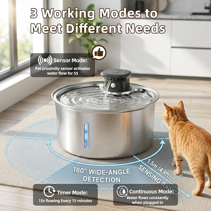 Jzlapro Wireless Cat Water Fountain,108oz Stainless Steel,Battery Operated | 3 Pack Filters | Cordless & Rechargeable | Motion Sensor | BPA-Free | DishwasherSafe | 20dB Ultra-Quiet | 3.2L capacity