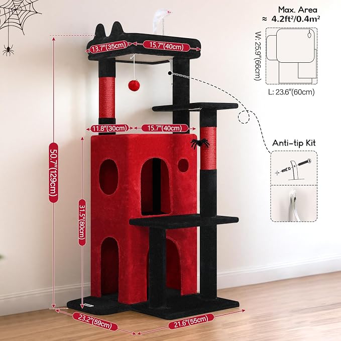 Globlazer Gothic Cat Tree Tower for Indoor Cats, 50-inch Goth Adult Cat Tree House for Large Adult Cats with Steps, Scratching Post, 2 Cat Caves, Dangling Toys, FC50, Blood-Goth