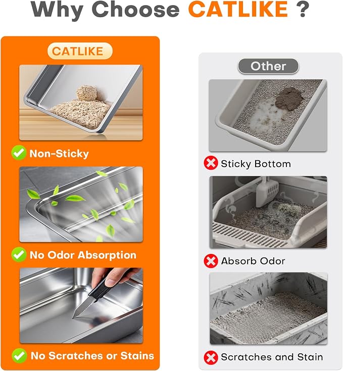 CATLIKE 2026 Upgrade 152L XXXL Stainless Steel Cat Litter Box - 3-Layer Urine Leak-Proof, Enclosed Design w/Charcoal Filter for Maine Coon & Multi-Cat Homes, Includes Metal Scoop & Mat