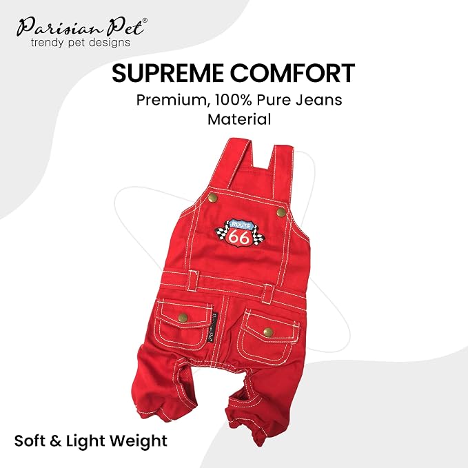 Parisian Pet Red Dog Overalls - Route 66 Denim Dog Clothes - Breathable Sling Puppy Jumpsuit - Durable and Trendy Overalls for Dogs - Comfortable Jeans Dog Clothes for Small Dogs - Classy Pet Apparel