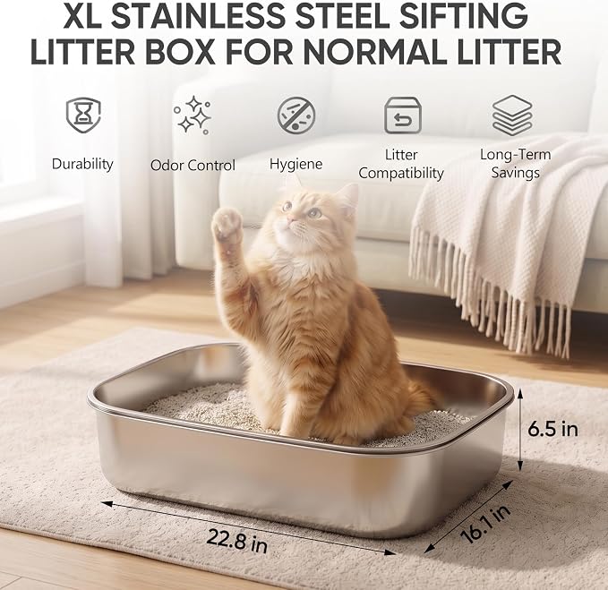 Stainless Steel Sifting Litter Box with Lid | 3-Second Cleanup, No Scooping Needed ,Premium Stainless Steel, Odor & Non-Stick,High-Density Sifting, Saves 30% Litter