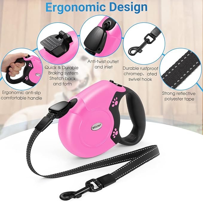 360°No Tangle 26 Ft Retractable Dog Leash for Dogs up to 99lbs | Heavy Duty Pet Walking Leash for Small Medium Large Dogs, Anti-Slip Handle, Strong Nylon Tape, One-Handed Brake, Pink