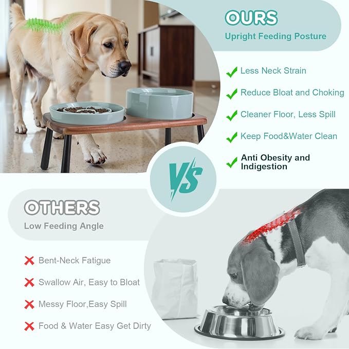 SPUNKYJUNKY Ceramic Elevated Dog Bowls with Slow Feeder Raised Acacia Bamboo Wooden Stand, 8.3'' Dog Food Water Bowls Set Non-Slip for Medium Large Sized Breed Microwave Dishwasher Safe - Light Green