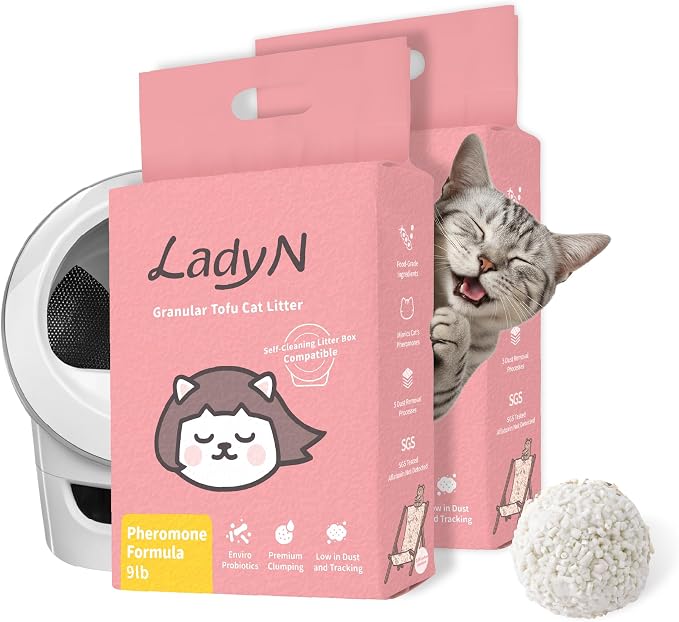 Lady N Cat Attract Tofu Cat Litter, Calming, Compatible with Auto-Box 18lb | Natural Pheromone Attractant Formula, Litter Box Training Aid, Ideal for Multi-Cat Homes, Mini-Pellet Shape