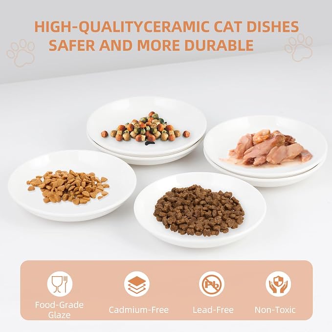 6 Pack Cat Food Bowl, Ceramic Cat Bowls, Anti Whisker Fatigue Cats Bowl Set | 5.5 Inches Shallow Wide Kitten Plates for Food and Water (White-E)