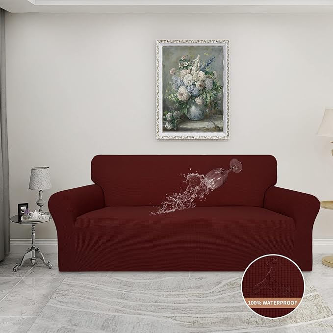Easy-Going 100% Waterproof Couch Cover, 3 Cushion Couch Slipcover for Sofa | Leakproof Sofa Cover, Stretch Jacquard Furniture Protector Against Stain Spill from Kids, Pets, Dog (Sofa, Wine)