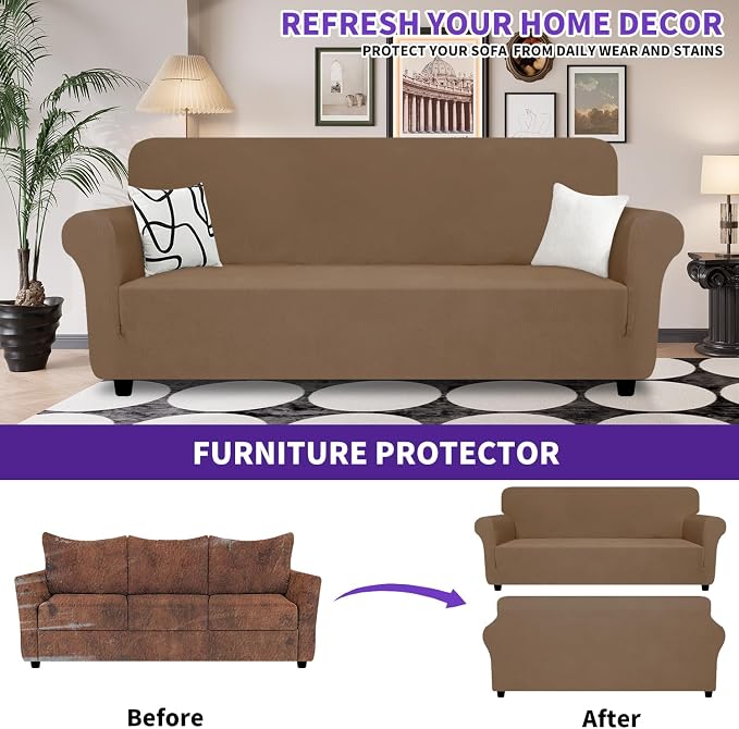 ZNSAYOTX Super Stretch Sofa Cover (72"-92"), New Striped Sofa Covers Fitted Slipcovers with Elastic Bottom, Dog Cat Pets Proof Spandex Washable Fabric Comfortable & Durable (Light Coffee, Sofa)