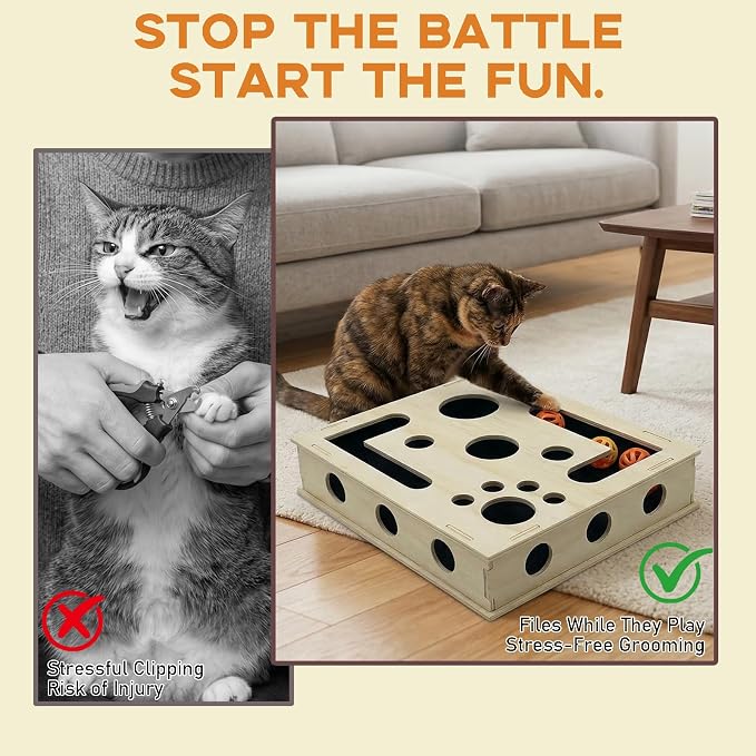 Cat Scratch Puzzle Enrichment Box with Bell Ball, Large Cat Nail File Enrichment Box with Sandpaper Liner, Stress-Free Alternative to Trimming Nails, for Indoor Cats