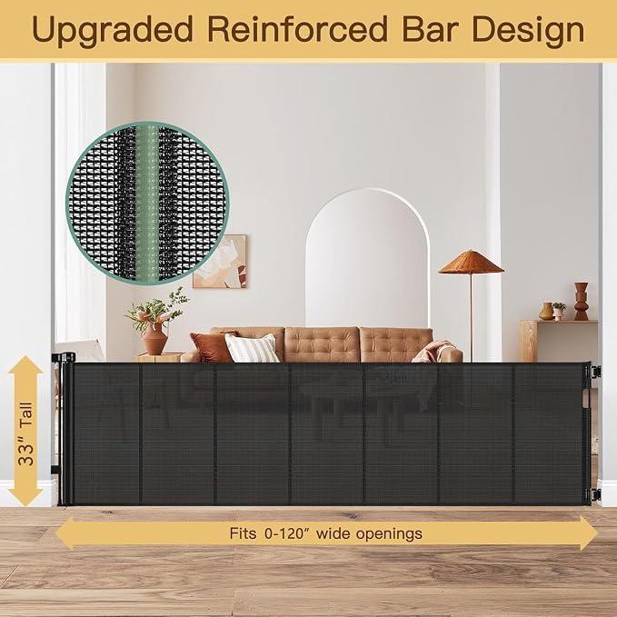 Reinforced 120 Inch Retractable Baby Gates Extra Wide Baby Gate to Prevent Crawling Through, Indoor/Outdoor Retractable Dog Gate, 10ft Scratch-resistant Mesh Child Gates for Doorways Extra Wide, Black