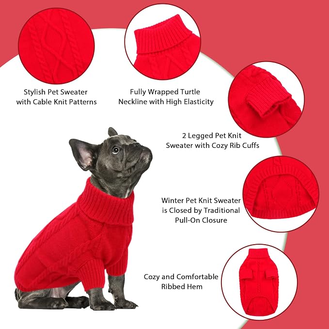 Queenmore Small Dog Pullover Sweater, Cold Weather Cable Knitwear, Classic Turtleneck Thick Warm Clothes for Chihuahua, Bulldog, Dachshund, Pug (Red, X-Large)