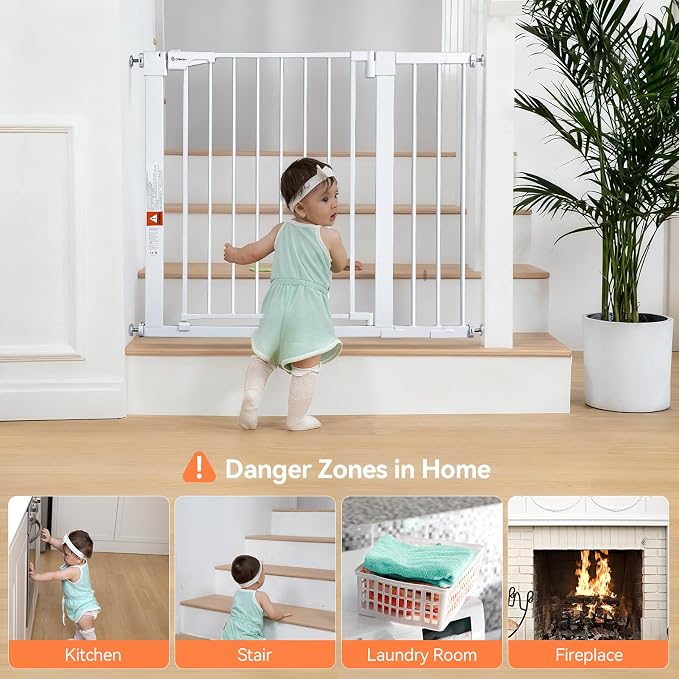 COMOMY 30" Tall Baby Gate for Stairs Doorways, Fits Openings 29.5" to 40.5" Wide, Auto Close Extra Wide Dog Gate for House, Pressure Mounted Easy Walk Through Pet Gate with Door, White