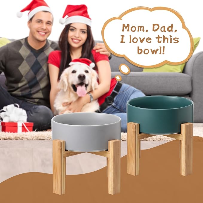 Raised Ceramic Large Dog Bowl - Heavy Weighted Dog Dish with Bamboo Stand - Elevated for Comfortable Feeding - 8.3" W x 8" H - 4.5 Cups (68 fl oz) - White