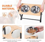 Adjustable Height Pet Feeder Stand with 2 Dishwasher-Safe Stainless Steel Bowls – Brown Wood Top & Black Metal Frame Elevated Food/Water Station for Dogs/Cats Under 100LBS