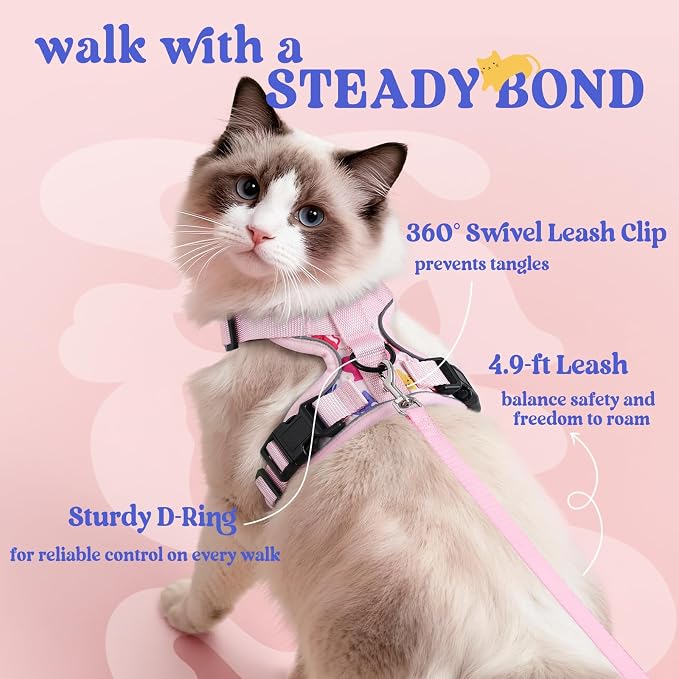 rabbitgoo Cat Harness and Leash Set, Escape Proof Vest, Purrty Pink | Soft Breathable Mesh, Easy Adjustable Fit, Snap Buckles, Sturdy Clip, Reflective Strips, for Average Cats Walks, S