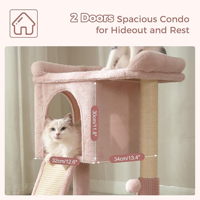 Cute Cat Tree 28” Pink Cat Tower with Top Large Bed 20x13” | Compact Cat Trees with Sisal Sratchign Post, Ramp, Self-Groomer, Cat Condo & Toy Ball Fit Small Space for Indoor Adult Cats