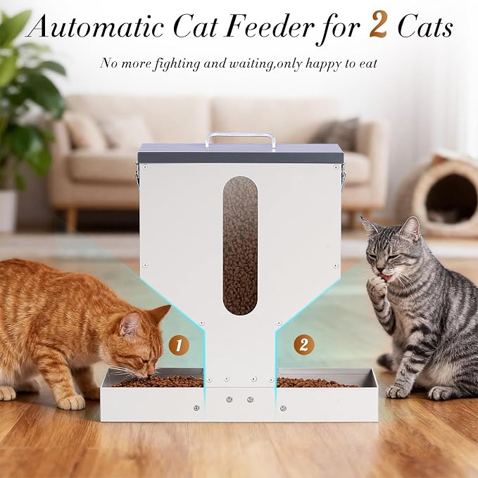 Automatic Cat Feeder 2 Cats Gravity Dual Cat Food Dispenser | Auto Dry Food Dispenser with Strong Anti-Jam System Galvanized Steel Pet Food Station Indoor & Outdoor Double Bowls