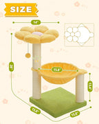 MUTTROS 28" Flower Cat Tree Cute with Flower Top Perch, Large Hammock for Indoor Small Cats, Small Cat Tower with Cute Scratching Post and Fur Toy Ball for Kittens, Yellow