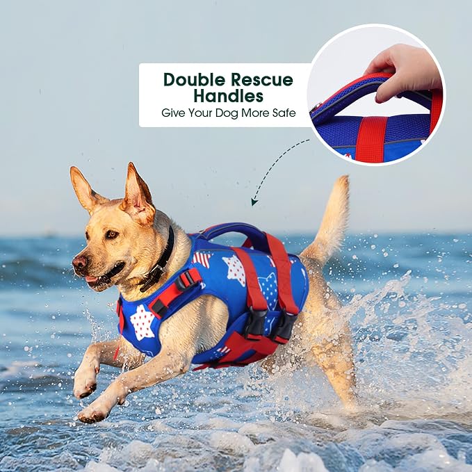 Kuoser Dog Life Jacket High Flotation, American Flag Dogs Life Vest for Swim Boating, Independence Day dog lifejacket with Reflective & Rescue Handle, Adjustable Doggy Life Preserver for Large Dogs XL