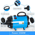 High Velocity 5.2HP 3500W Large Dog Hair Dryer with Heater for Grooming - Adjustable Temperature with 4 Nozzles (Blue)