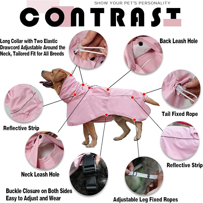 MAMORE Dog Raincoat, Waterproof Rain Jacket for Small Medium Large Dogs, Windproof Reflective Adjustable Breathable Pet Rain Coat with Storage Pocket and Leash Holes (Pink, 2X-Large)