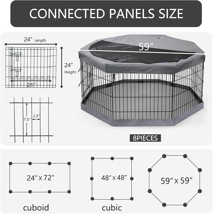 PETIME Foldable Metal Dog Exercise Pen/Pet Puppy Playpen Kennels Yard Fence Indoor/Outdoor 8 Panel 24" W with Top Cover and Bottom Pad (Playpen+Bottom+Top Cover, 8 Panels 24" H)