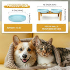 Shallow Elevated Cat Bowls with Bamboo Stand, 6.1 Inch Wide Ceramic Cat Dish Whisker Friendly, 2 Pack Pet Food and Water Plates