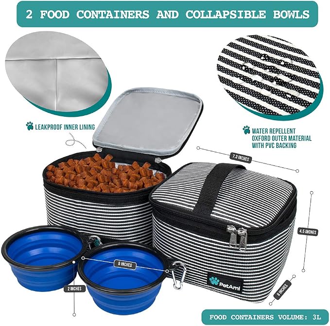 PetAmi Dog Travel Bag Organizer, Pet Travel Kit with 2 Food Containers & 2 Collapsible Dog Bowls, Pet Supplies Tote with Luggage Sleeve, Weekend Road Trip Camping Essentials, Stripe Black, Medium