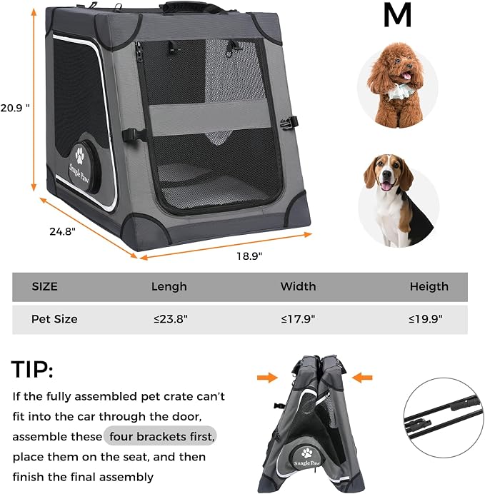 Snagle Paw Portable Dog Crate for Car Travel,Metal Frame Pet Crate,Pet Carrier for Car Back Seat Secures with Headrest Strap and Seatbelt,M,Gray