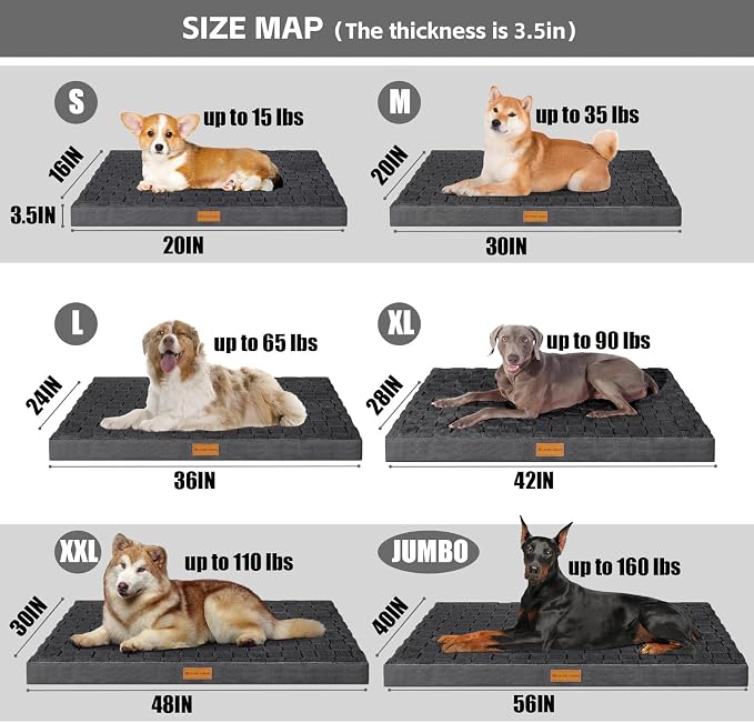 Patas Lague Orthopedic Large Dog Bed Pet Crate Mat 42''X28'' Dark Grey | Egg-Crate Foam Dog Couch For Large Sized Dogs, Waterproof Removable Cover, Soft Pet Bed With Nonskid Bottom