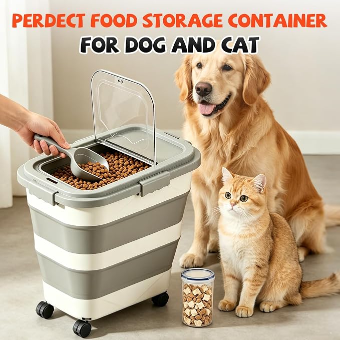 23-25-Liter Foldable Airtight Dog Food Container with Airtight Lid, Wheels, Handle, and Scoop; Large Cat Food Storage Bin; Pet Food Storage Container
