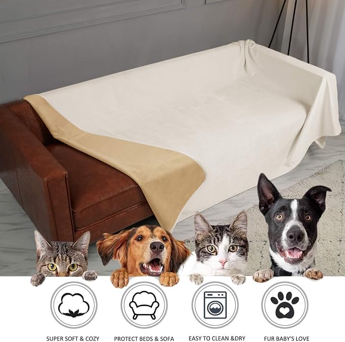 Ameritex Pet Bed Blanket Reversible 100% Waterproof Velvet Super Soft for Sofa and Bed (52x82 Inches, Cream+Sand)
