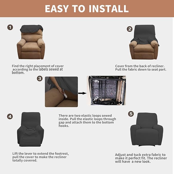 Easy-Going 100% Waterproof Recliner Chair Cover，1-Piece Recliner Slipcover | Dual Waterproof Couch Cover for Recliner，Leakproof Furniture Protector for Kids Pets Dog Cat Daily Stain, Dark Gray