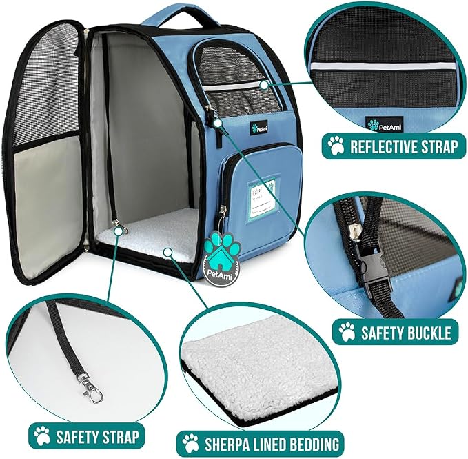 PetAmi Dog Backpack Carrier for Small Medium Dogs Large Cats up to 18 lbs, 2 Side Entry, Structured No-Collapse Frame, Airline Approved Ventilated Pet Backpack for Hiking Camping Travel, Light Blue