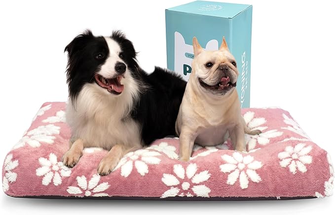 Cute Fluffy Dog Beds for Extra Large Dogs, 41"x 28", Pink Flower | Thick Dog Bed for Crate Kennel, Pet Bed with Removable Washable Cover, Anti-Slip Bottom