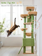 Taoqimiao Tall Cat Tree, 76In XL Cat Tower for Large Cats, 3 Padded Perches | Oversized Metal Hammock, 2 Big Condos, 1-Piece Ramp Scratcher, 7 Natural Sisal Posts, Hanging Basket, Cactus, MS047T