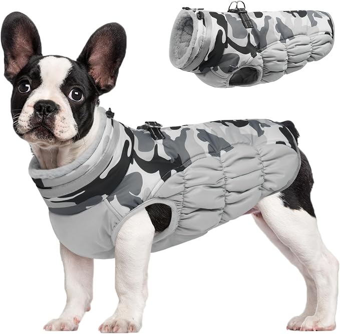 FUAMEY Dog Cold Weather Coats Reflective Dog Warm Jacket with Harness | Fleece Puppy Coat for Small Dogs Snow Puffer Vests with Zipper Reflective Turtleneck Jackets for Winter Gery Camo XS