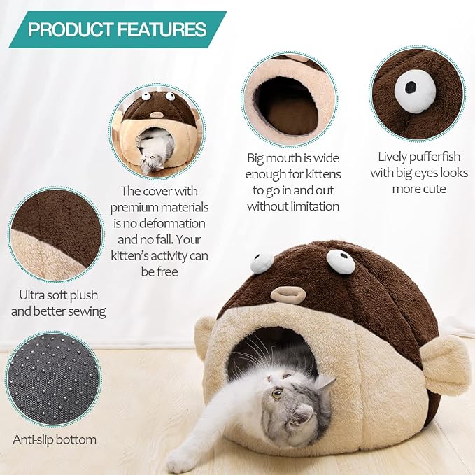 Cat Beds for Indoor Cats-Cat Bed Cave,Cute Lively Pufferfish Shape,Brown L | 2 in 1 Cats House for Kitten with Removable Washable Cushioned Pillow,Soft plush Cat Tent for cat Hideaway,Machine Washable