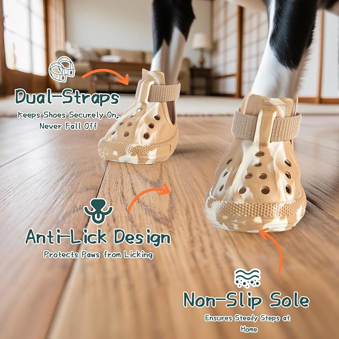 Dog Shoes for Hot Summer Pavement, Dog Shoes for Medium Dogs, Waterproof Dog Boots & Paw Protectors, Non-Slip Dog Rain Booties, Easy Clean Sandals for Beach Brown Size 4