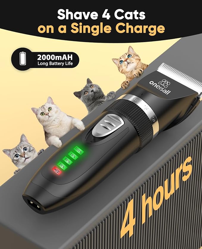 oneisall Quiet Cat Clippers for Matted & Long Hair 2-Speed Cat Grooming Kit | Cordless Pet Clippers for Cats, Small Dogs & Animals, 6 Guide Guards, 240mins Long Battery Life, With Scissors and Comb