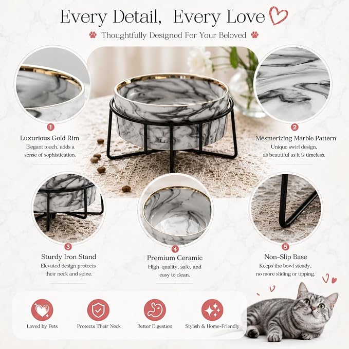 Dazzling Ceramic Elevated Cat Bowls, Gift for Cat Owner, Birthday (Medium,Grey)