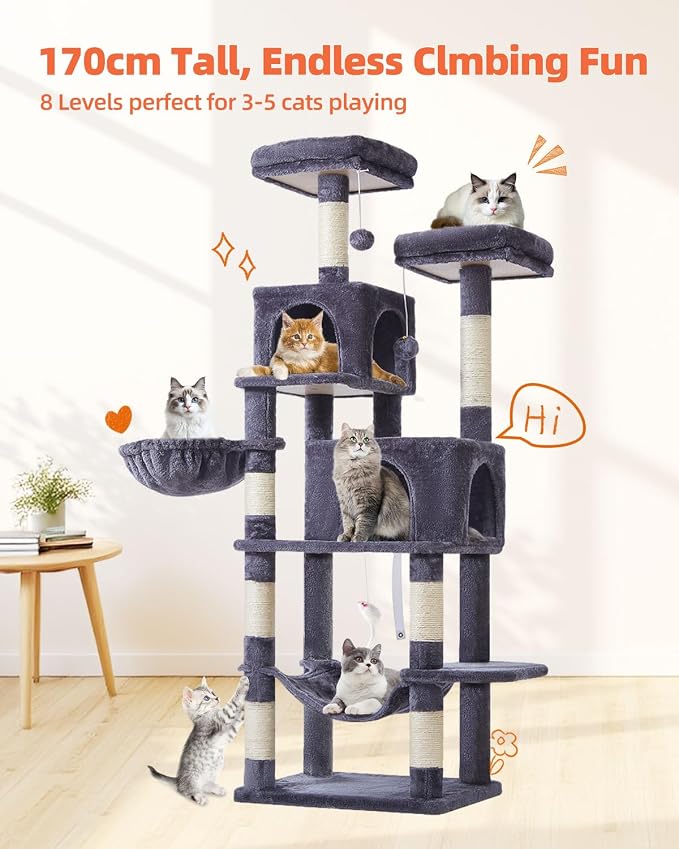 Taoqimiao Cat Tree, 66.2 in Tall Cat Tower with 2 Plush Cat Condos | 7 Scratching Posts, 2 Top Perches, Cozy Hammock & Basket, Indoor Cats, 2 Pompoms & Mouse Toy, Smoky Gray, MS013G